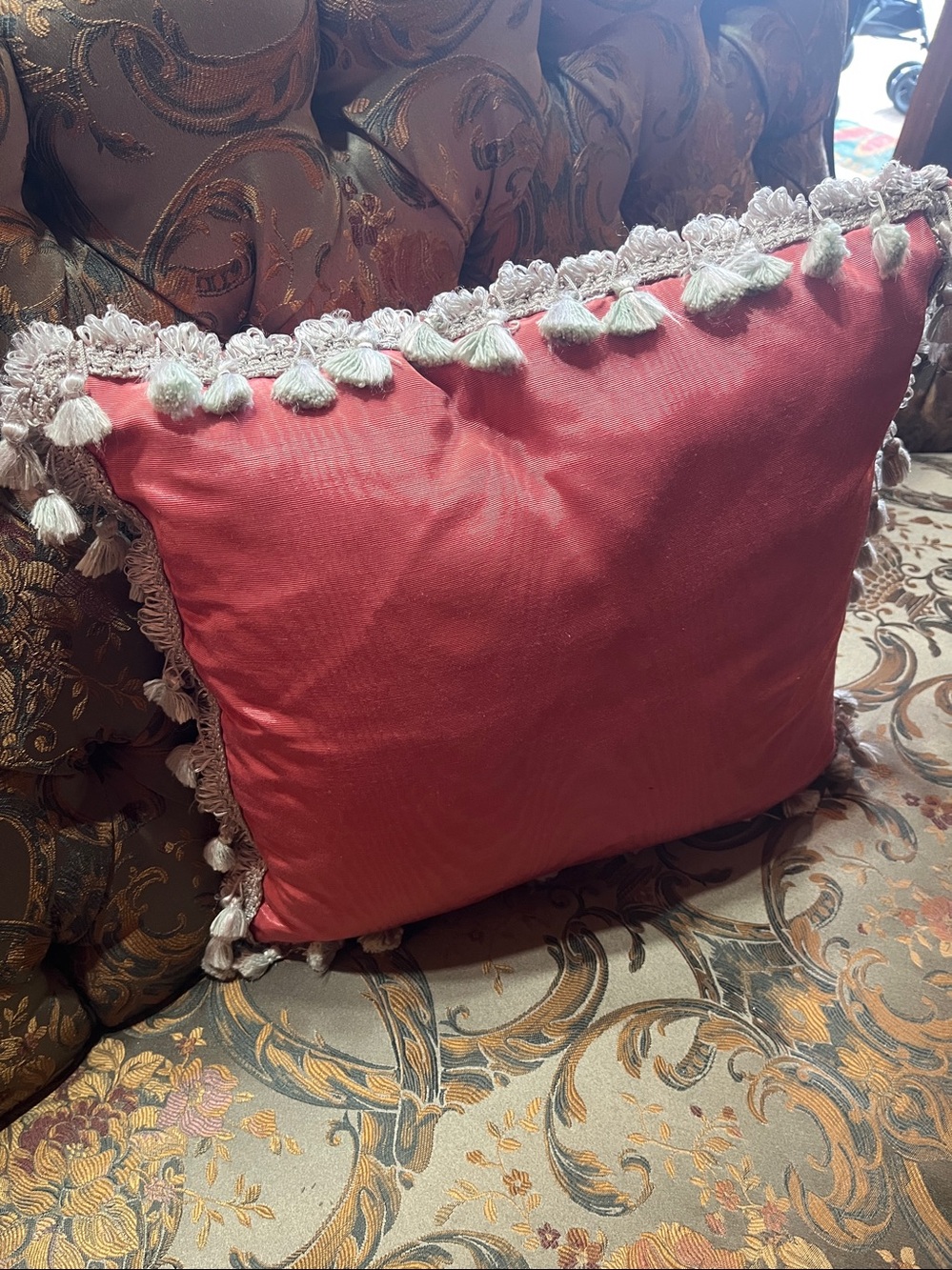 17” X 17” mauve pink watered silk and silver gray tassel trim pillow